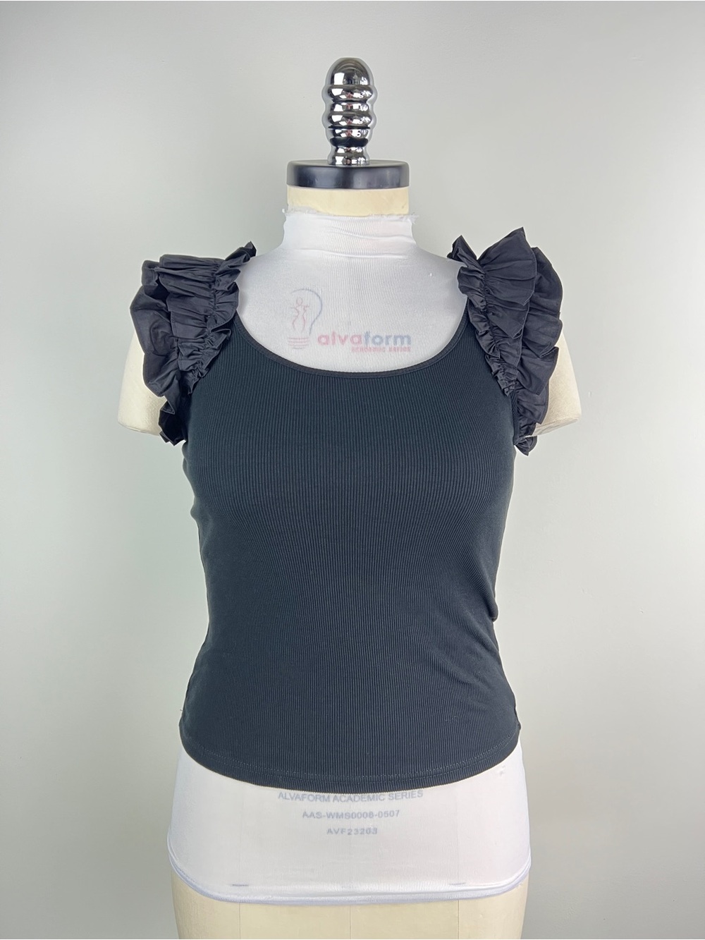 💚 3643. Black Ruffled Sleeve Ribbed Tank Top - Picture 1 of 7